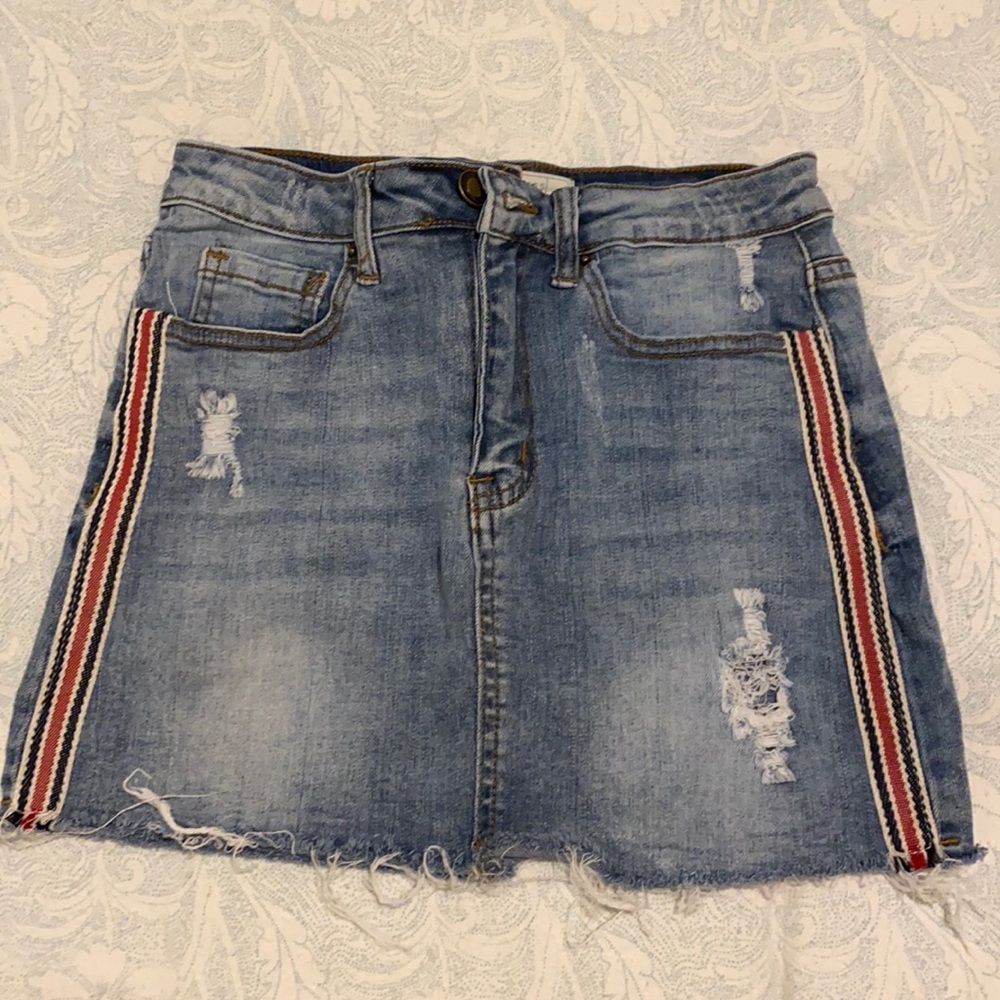 Ripped Light Blue Denim Midi Skirt Size:S